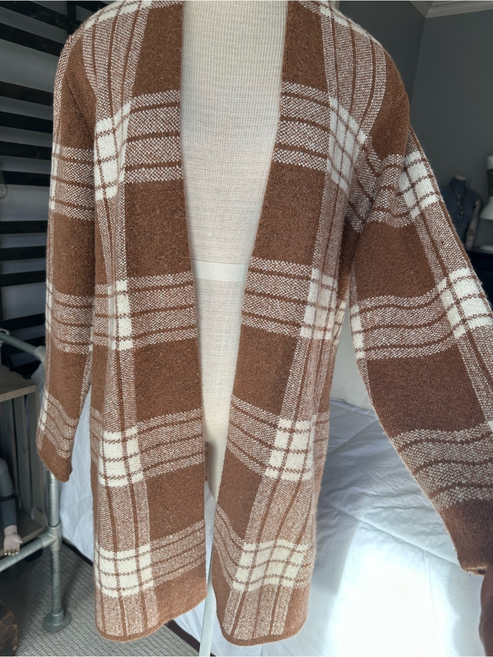 Talbots Plaid Open-Front Cardigan brown and cream size large - Picture 6 of 12